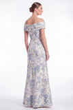 A Line Off the Shoulder Blue Floral Jacquard Mother of the Bride Dress with Slit