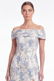 A Line Off the Shoulder Blue Floral Jacquard Mother of the Bride Dress with Slit