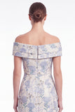 A Line Off the Shoulder Blue Floral Jacquard Mother of the Bride Dress with Slit