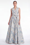 Blue Floral Notched Lapel A Line Jacquard Mother of the Bride Dress