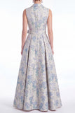 Blue Floral Notched Lapel A Line Jacquard Mother of the Bride Dress
