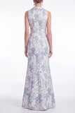 Mermaid Blue Floral Jacquard Shawl Lapel Mother of the Bride Dress with Slit