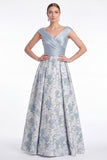 Blue Flower A Line V Neck Ruched Mother of the Bride Dress with Cap Sleeves