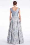 Blue Flower A Line V Neck Ruched Mother of the Bride Dress with Cap Sleeves