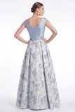 Blue Flower A Line V Neck Ruched Mother of the Bride Dress with Cap Sleeves