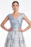 Blue Flower A Line V Neck Ruched Mother of the Bride Dress with Cap Sleeves
