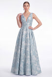 Navy A Line Floral Jacquard V Neck Mother of the Bride Dress