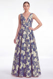 Navy A Line Floral Jacquard V Neck Mother of the Bride Dress