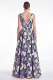 Navy A Line Floral Jacquard V Neck Mother of the Bride Dress