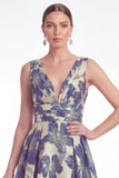 Navy A Line Floral Jacquard V Neck Mother of the Bride Dress