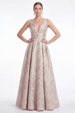 Navy A Line Floral Jacquard V Neck Mother of the Bride Dress