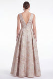 Navy A Line Floral Jacquard V Neck Mother of the Bride Dress