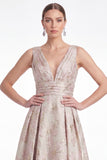 Navy A Line Floral Jacquard V Neck Mother of the Bride Dress