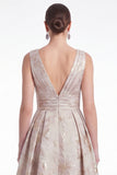 Navy A Line Floral Jacquard V Neck Mother of the Bride Dress