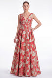 Navy A Line Floral Jacquard V Neck Mother of the Bride Dress
