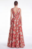 Navy A Line Floral Jacquard V Neck Mother of the Bride Dress