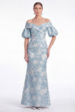 Off the Shoulder Blue Mermaid Floral Jacquard Mother of the Bride Dress with Puff Sleeves