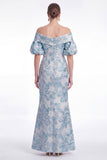 Off the Shoulder Blue Mermaid Floral Jacquard Mother of the Bride Dress with Puff Sleeves