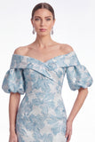 Off the Shoulder Blue Mermaid Floral Jacquard Mother of the Bride Dress with Puff Sleeves