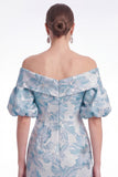Off the Shoulder Blue Mermaid Floral Jacquard Mother of the Bride Dress with Puff Sleeves