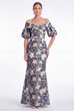 Off the Shoulder Blue Mermaid Floral Jacquard Mother of the Bride Dress with Puff Sleeves