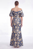 Off the Shoulder Blue Mermaid Floral Jacquard Mother of the Bride Dress with Puff Sleeves