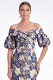 Off the Shoulder Blue Mermaid Floral Jacquard Mother of the Bride Dress with Puff Sleeves
