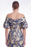 Off the Shoulder Blue Mermaid Floral Jacquard Mother of the Bride Dress with Puff Sleeves
