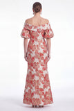 Off the Shoulder Blue Mermaid Floral Jacquard Mother of the Bride Dress with Puff Sleeves