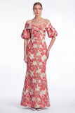 Off the Shoulder Blue Mermaid Floral Jacquard Mother of the Bride Dress with Puff Sleeves