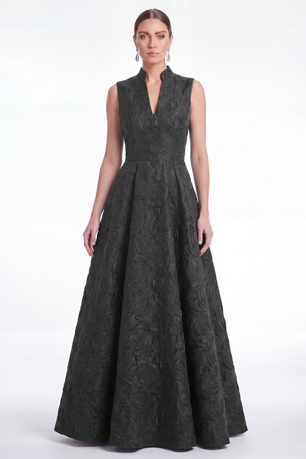 WEDTREND Women Plum Jacquard Mother of the Bride Dress A Line Stand Collar V Neck Wedding Guest Dress, Black / US16W