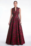 Plum A Line Stand Collar V Neck Jacquard Mother of the Bride Dress