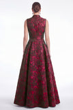 Plum A Line Stand Collar V Neck Jacquard Mother of the Bride Dress