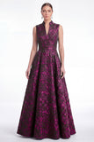 Plum A Line Stand Collar V Neck Jacquard Mother of the Bride Dress
