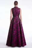 Plum A Line Stand Collar V Neck Jacquard Mother of the Bride Dress