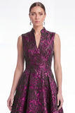 Plum A Line Stand Collar V Neck Jacquard Mother of the Bride Dress