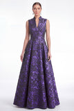 Plum A Line Stand Collar V Neck Jacquard Mother of the Bride Dress