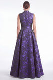 Plum A Line Stand Collar V Neck Jacquard Mother of the Bride Dress