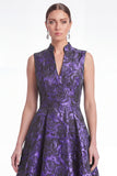 Plum A Line Stand Collar V Neck Jacquard Mother of the Bride Dress