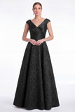 Burgundy Floral Jacquard A Line V Neck Mother of the Bride Dress
