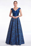 Burgundy Floral Jacquard A Line V Neck Mother of the Bride Dress