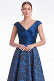 Burgundy Floral Jacquard A Line V Neck Mother of the Bride Dress