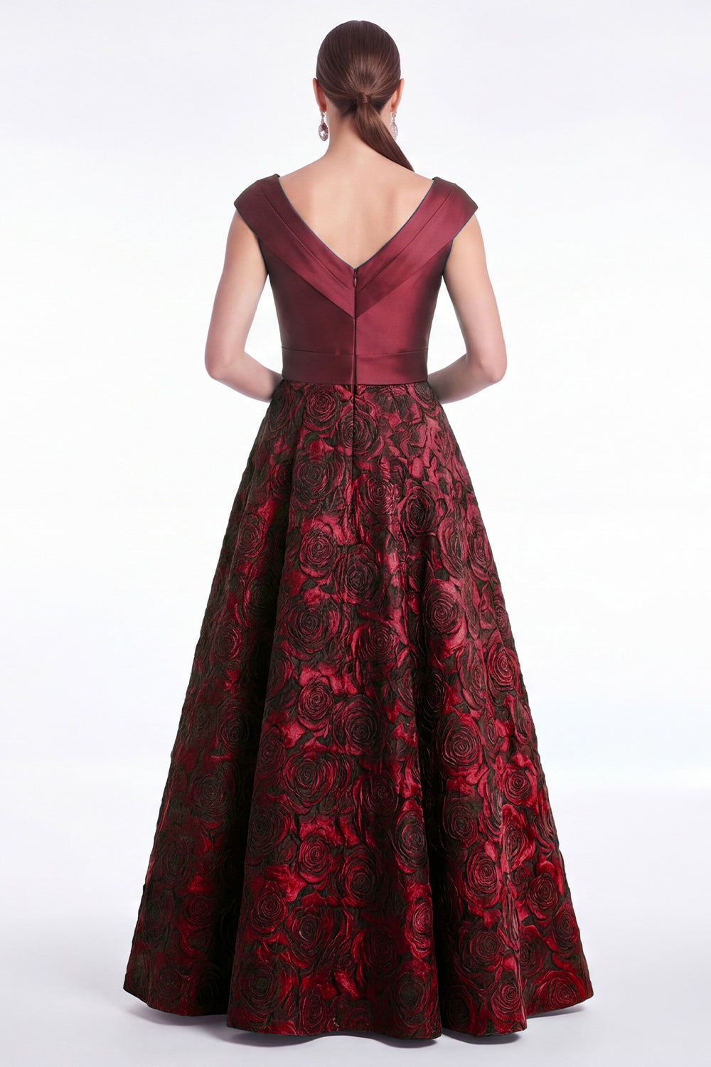 WEDTREND Women Burgundy Floral Jacquard Mother of the Bride Dress A Line V Neck Satin Wedding Guest Dress with Cap Sleeves, Magenta Flower / US2