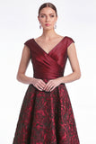 Burgundy Floral Jacquard A Line V Neck Mother of the Bride Dress