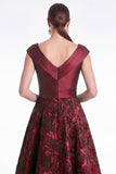 Burgundy Floral Jacquard A Line V Neck Mother of the Bride Dress