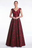 Burgundy Floral Jacquard A Line V Neck Mother of the Bride Dress