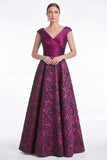 Burgundy Floral Jacquard A Line V Neck Mother of the Bride Dress