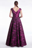 Burgundy Floral Jacquard A Line V Neck Mother of the Bride Dress