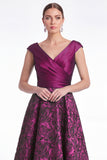 Burgundy Floral Jacquard A Line V Neck Mother of the Bride Dress