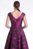 Burgundy Floral Jacquard A Line V Neck Mother of the Bride Dress